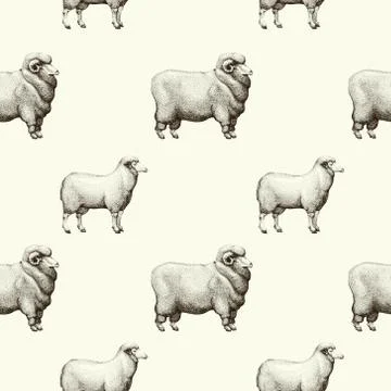 Seamless pattern with graphical sheep silhouettes, retro hand drawn illustration Stock Illustration