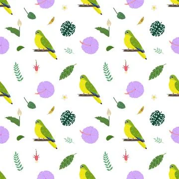 Seamless pattern with grass parrots Neophema, tropical leaves and flowers. Stock Illustration