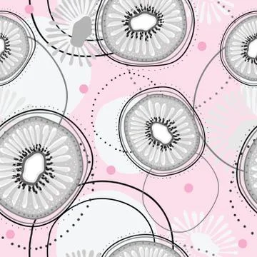 Seamless pattern with gray abstract kiwi fruit, circles and dots on pink colo Stock Illustration