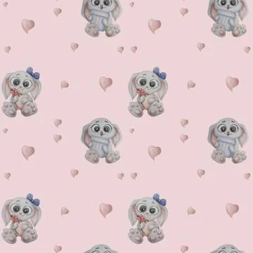 Seamless pattern with gray animals. Cute couple of hares - a girl with a flow Stock Illustration