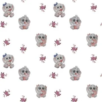 Seamless pattern with gray animals. Gray hares - boys and girls - with a flower Stock Illustration