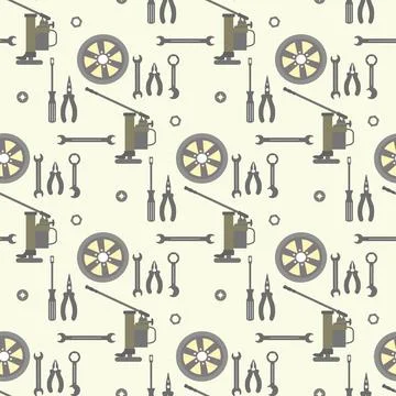Seamless pattern with gray automotive tools and car parts on light background Illustrazione stock