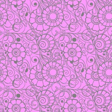 Seamless pattern of gray contours of flowers on a pink background, texture Stock Illustration