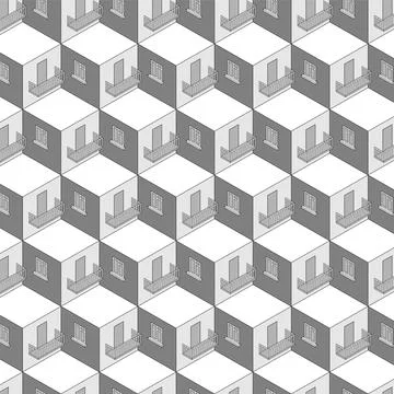 Seamless pattern of gray cubic shapes creating 3D optical illusion, perfect.. Stock Illustration