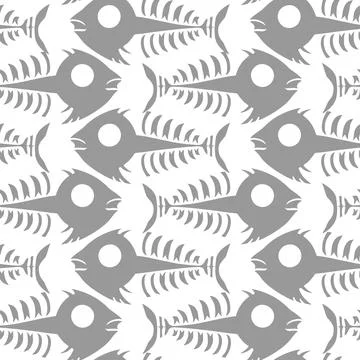 Seamless pattern of gray graphic fish skeletons on a white background, text.. Stock Illustration