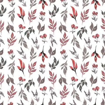 Seamless pattern with gray green leaves, red  branches, , hand drawn in wat.. Stock Illustration