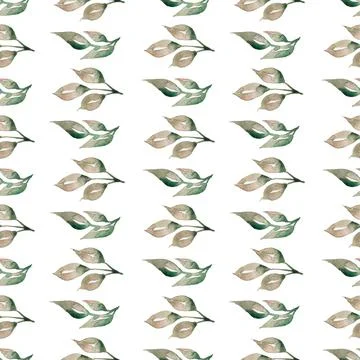 Seamless pattern with gray green leaves,  natural branches, , hand drawn in.. Stock Illustration