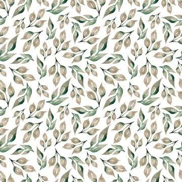 Seamless pattern of gray greenl leaves,  natural branches, colorful herbs, .. Stock Illustration