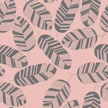 Seamless pattern with gray leaves on pink background Stock Illustration