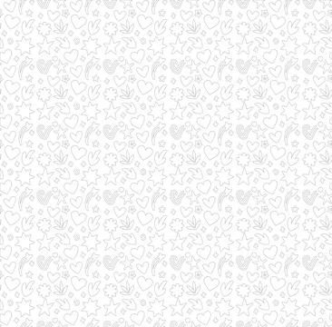 Seamless pattern gray line art hearts stars flowers leaves and rainbows on .. Stock Illustration