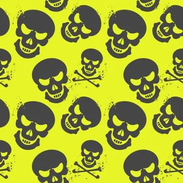Seamless pattern with gray skulls on neon green background Stock Illustration