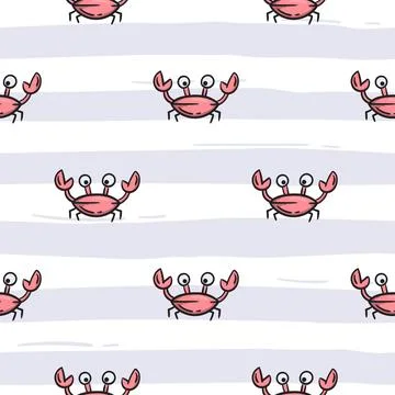 Seamless pattern with gray stripes and funny crab Stock Illustration