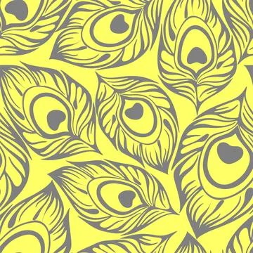 Seamless pattern of gray stylized peacock feathers on a yellow background, .. Stock Illustration