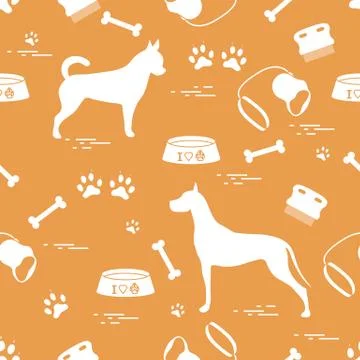 Seamless pattern with great dane and chihuahua, silhouette, comb, collar, lea Stock Illustration