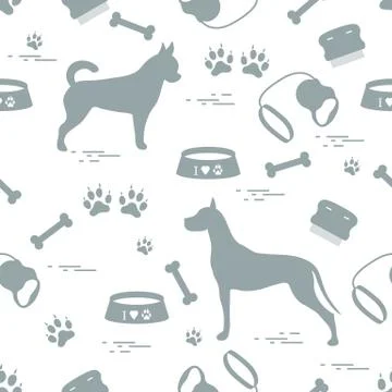 Seamless pattern with great dane and chihuahua, silhouette, comb, collar, lea Stock Illustration