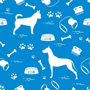 Seamless pattern with great dane and chihuahua, silhouette, comb, collar, lea Stock Illustration