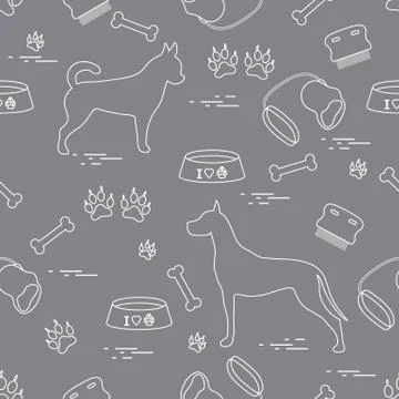 Seamless pattern with great dane and chihuahua, silhouette, comb, collar, lea Stock Illustration