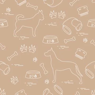 Seamless pattern with great dane and chihuahua, silhouette, comb, collar, lea Stock Illustration