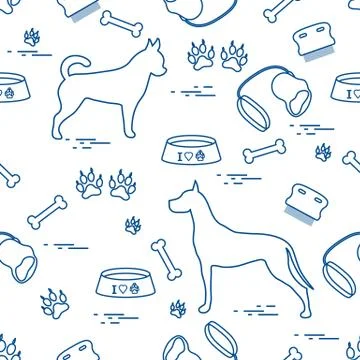 Seamless pattern with great dane and chihuahua, silhouette, comb, collar, lea Stock Illustration
