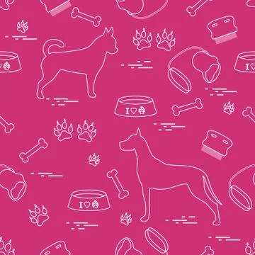 Seamless pattern with great dane and chihuahua, silhouette, comb, collar, lea Stock Illustration