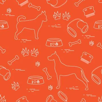 Seamless pattern with great dane and chihuahua, silhouette, comb, collar, lea Stock Illustration