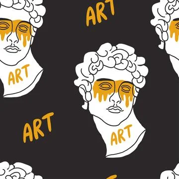 Seamless pattern with greek sculptures. Men faces. Stylish black background. pop Stock Illustration