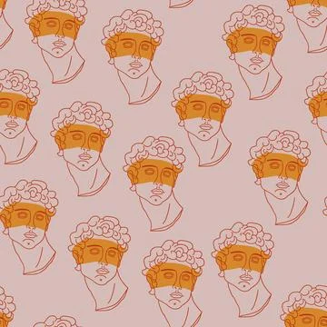 Seamless pattern with greek sculptures. Men faces. Stylish colorful background Stock Illustration