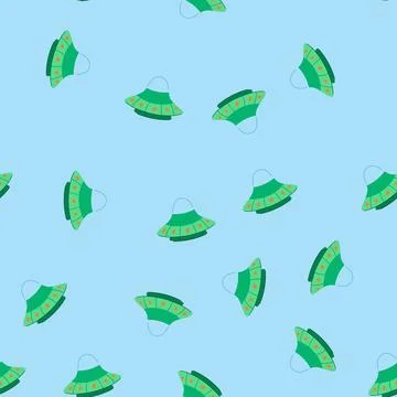 Seamless pattern green alien spaceship traveling through cosmic space Stock Illustration