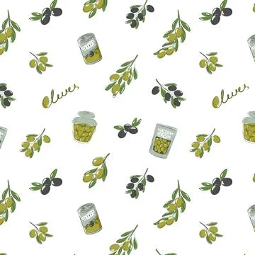 Seamless pattern of green and black olives. Olives, buffet olives, canned o.. Stock Illustration