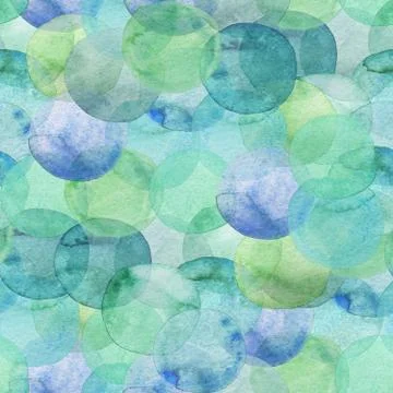 Seamless pattern of green and blue translucent watercolor circles. Hand painted Stock Illustration