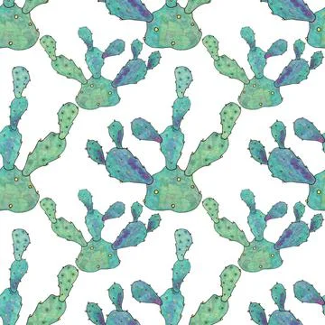 Seamless pattern green and blue succulent opuntia home plant on white background Stock Illustration