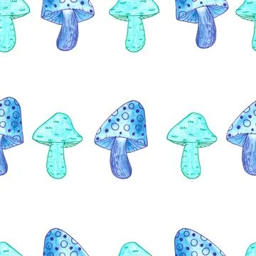 Seamless pattern of green and blue mushrooms isolated on white, hand drawn Stock Illustration