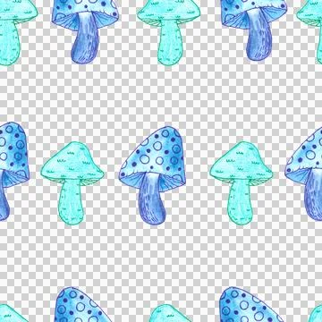 Seamless pattern of green and blue mushrooms isolated on white, hand drawn Stock Illustration