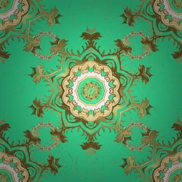 Seamless pattern on green and brown colors with golden elements. Classic vintage Stockillustratie