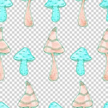 Seamless pattern of green and brown mushrooms isolated on white, hand drawn Stock Illustration