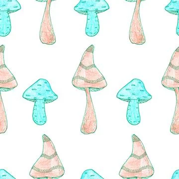 Seamless pattern of green and brown mushrooms isolated on white, hand drawn Stock Illustration