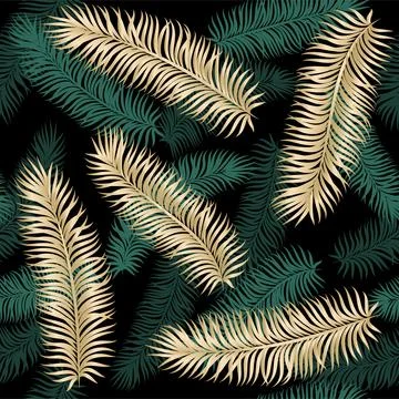 Seamless pattern green and gold silhouettes of tropical palm leaves. design.. Stock Illustration