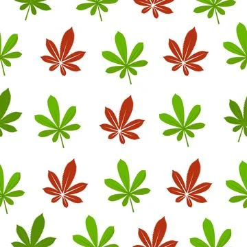 Seamless pattern with green and orange cannabis leaves on white background Stock Illustration