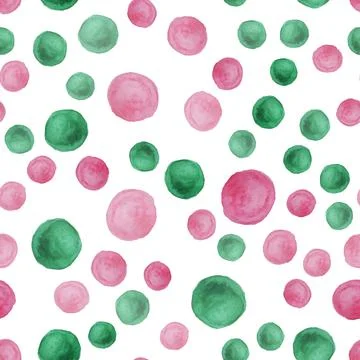 Seamless pattern with green and pink watercolor circles on white background.  Stock Illustration
