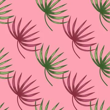 Seamless pattern with green and pink botanic leaf ornament. Pastel backround. Stock Illustration