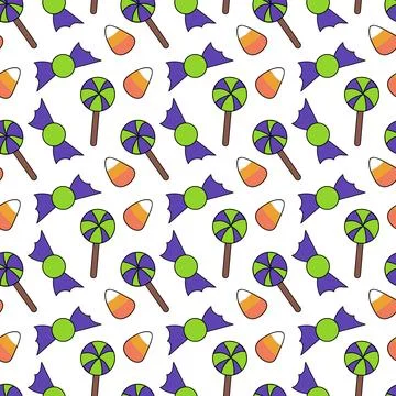 Seamless pattern with green and purple Halloween candies and lollipops, corns. Stock Illustration