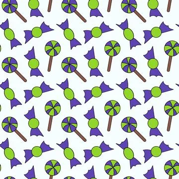 Seamless pattern with green and purple Halloween candies and lollipops. Stock Illustration
