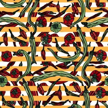 Seamless pattern with green and red peppers and yellow stripes. Stock Illustration