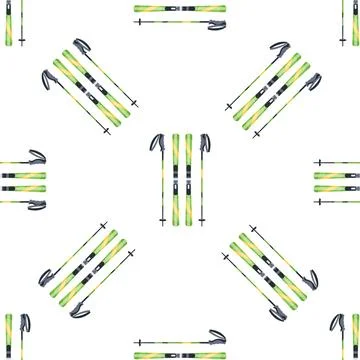 Seamless pattern of green and yellow skis and ski poles showing winter sports Illustrazione stock
