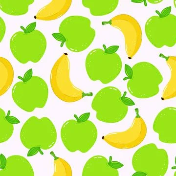 Seamless pattern of green apples and yellow bananas on a white backdrop. 库存插图