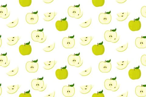 Seamless pattern with green apples and apple slices on white background, ve.. Stock Illustration