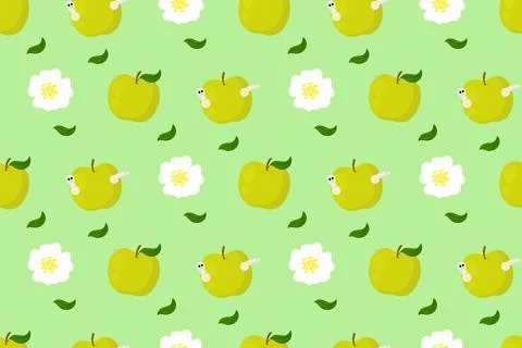 Seamless pattern with green apples, cute worms and white flowers on green b.. Stock-Illustration