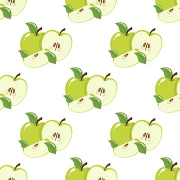 Seamless pattern with green apples on white background. Organic fruit. Cartoo Illustrazione stock