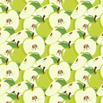 Seamless pattern with green apples on white background. Organic fruit. Cartoo Illustrazione stock
