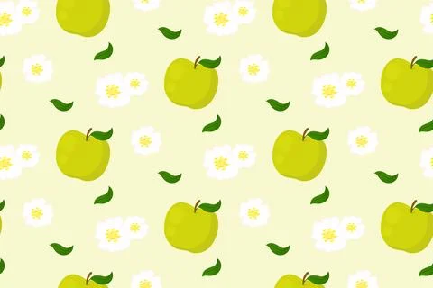 Seamless pattern with green apples, white flowers and leaves on light yello.. Stock Illustration